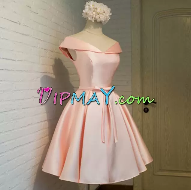 A-line Prom Dresses Pink Off The Shoulder Satin Sleeveless Mini Length Lace Up