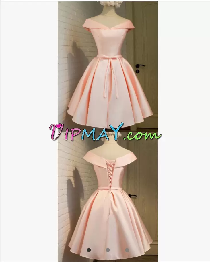 A-line Prom Dresses Pink Off The Shoulder Satin Sleeveless Mini Length Lace Up