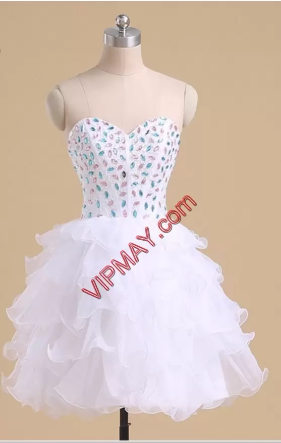 simple short prom dress,short prom dress with beading,all white short prom dress,short white strapless prom dress,short organza prom dress,short ruffle prom dress,