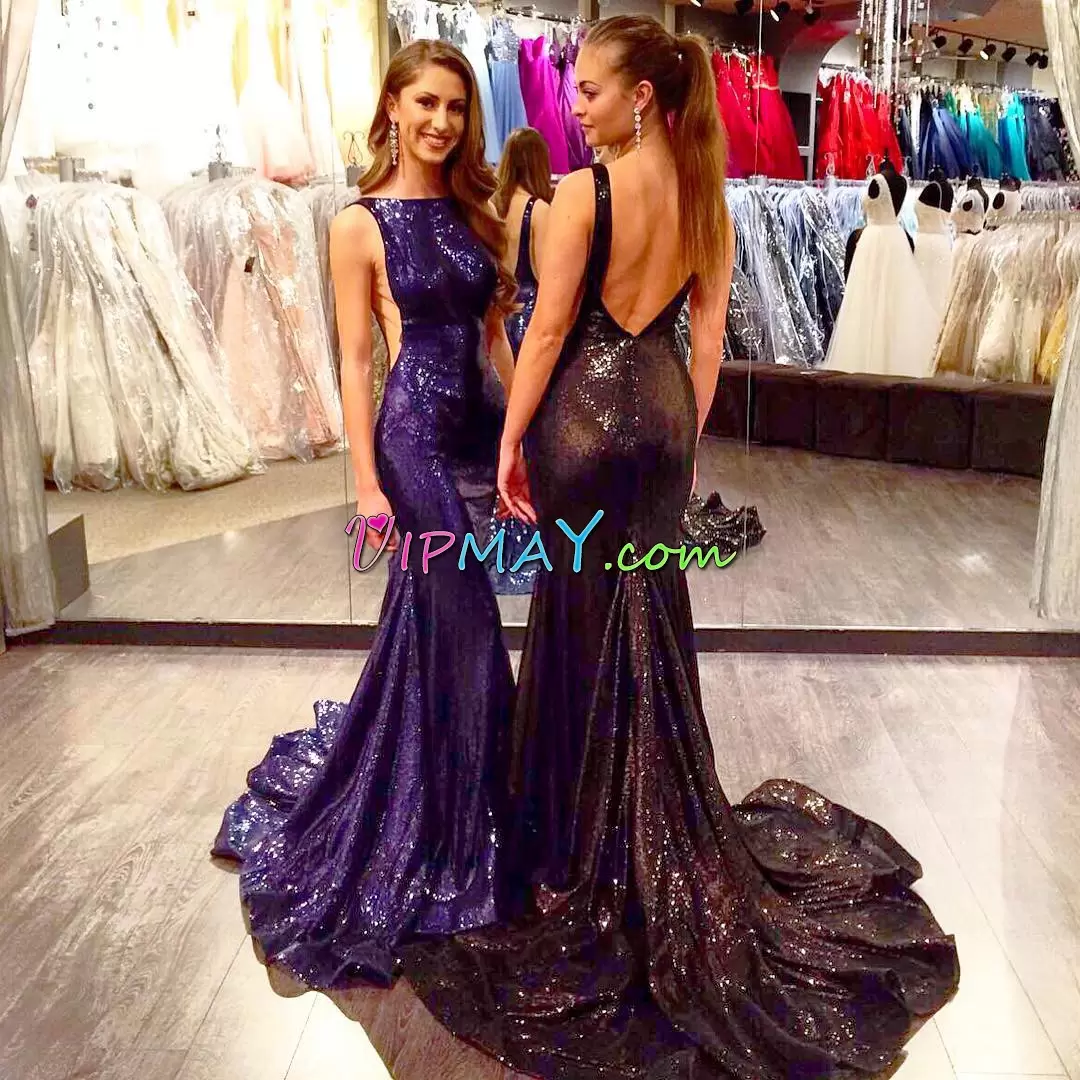 Popular Purple Mermaid Sequined Scoop Sleeveless Sequins Backless Prom Dresses Sweep Train