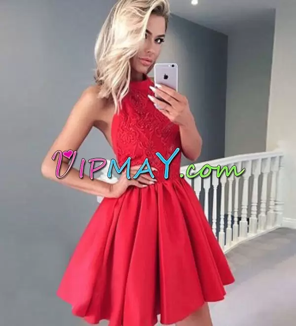 High-neck Sleeveless Junior Homecoming Dress Mini Length Lace Red Satin