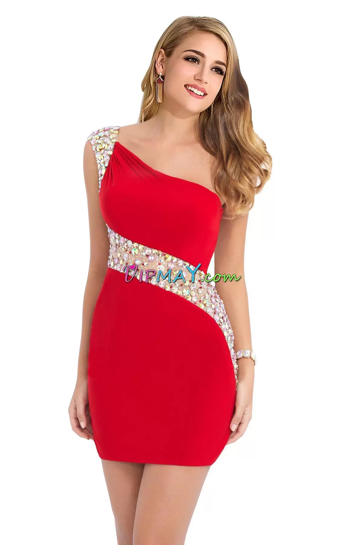 One Shoulder Sleeveless Evening Dress Red Satin Beading