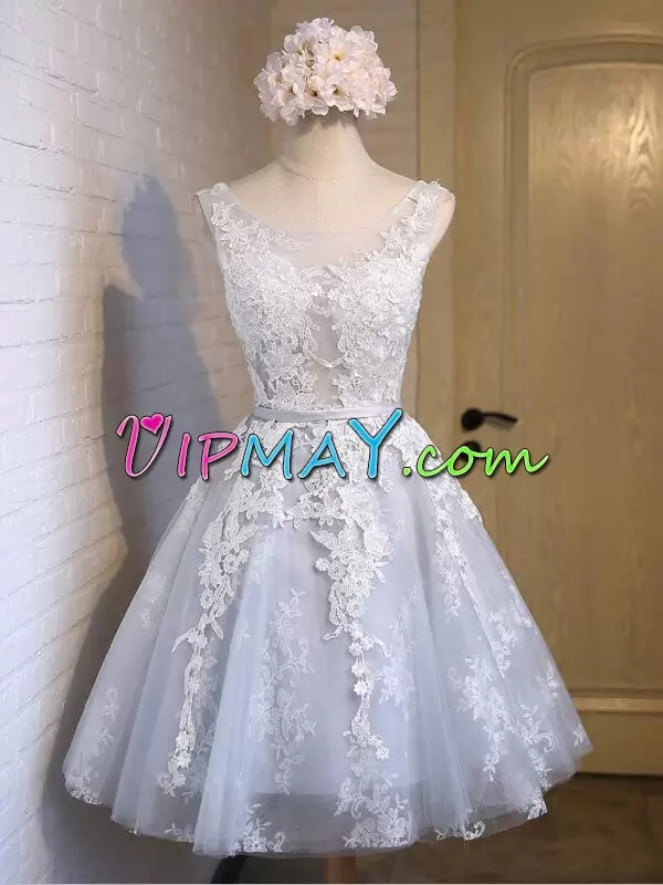 Low Price Mini Length Grey Prom Evening Gown Tulle Sleeveless Lace