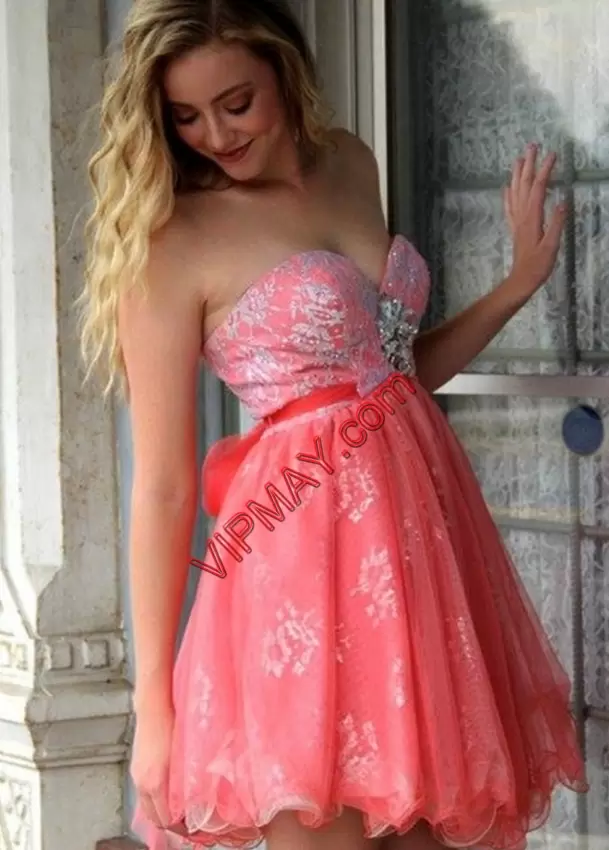 Captivating Watermelon Red and Pink Sleeveless Beading and Lace Mini Length