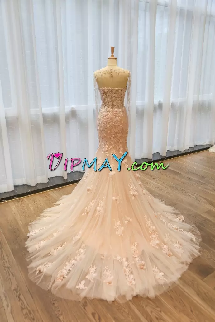 Bateau Sleeveless Brush Train Zipper Prom Homecoming Dress Champagne Tulle Appliques and Hand Made Flower