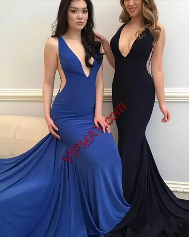 Elegant Baby Blue and Navy Blue Sleeveless Satin Sweep Train Lace Up Evening Gowns for Prom and Party and Wedding Party
