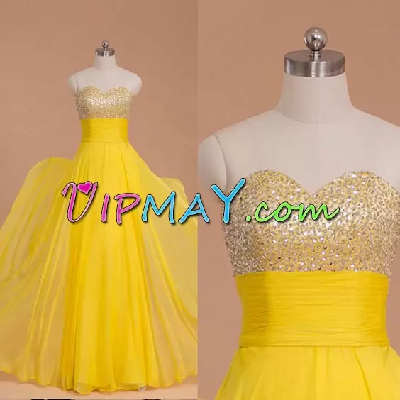 Stunning Sleeveless Chiffon Floor Length Lace Up Prom Dress in Yellow with Beading