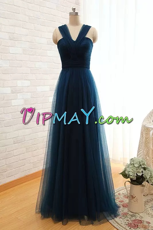 Popular Teal A-line Tulle Straps Sleeveless Ruching Floor Length Lace Up Prom Party Dress