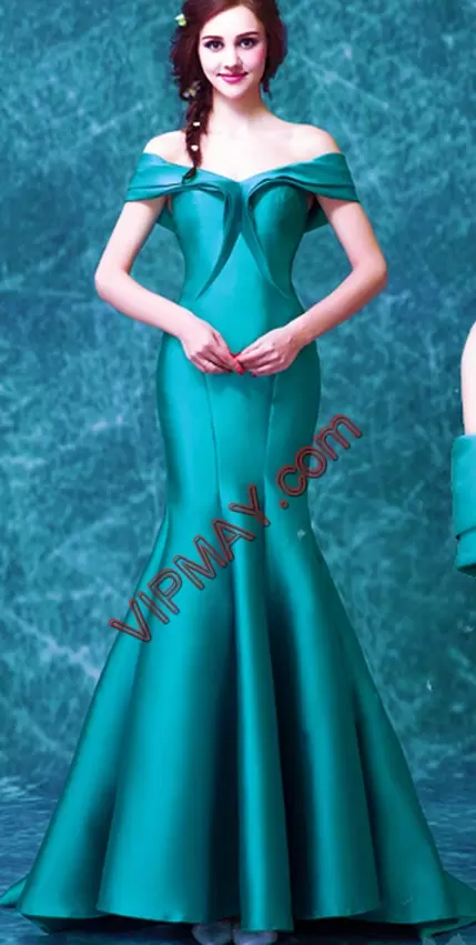 Perfect Teal Satin Lace Up Off The Shoulder Sleeveless Floor Length Prom Party Dress Ruching