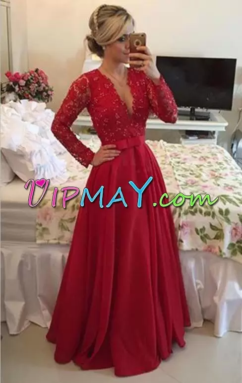 Popular Long Sleeves Floor Length Beading and Lace Lace Up Dress for Prom with Red Sweep Train