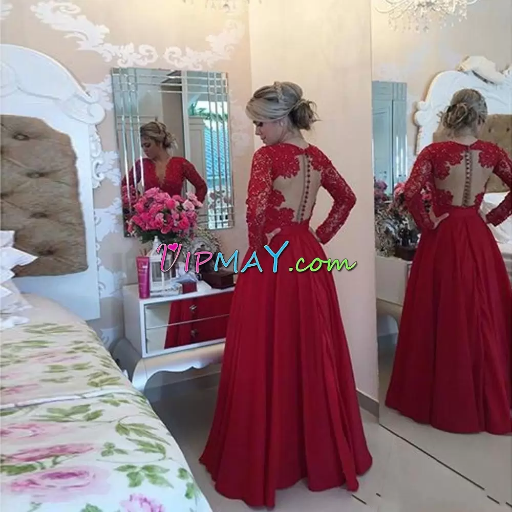 Popular Long Sleeves Floor Length Beading and Lace Lace Up Dress for Prom with Red Sweep Train