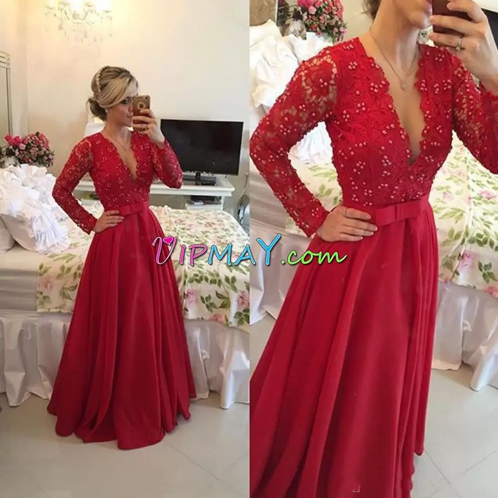 Popular Long Sleeves Floor Length Beading and Lace Lace Up Dress for Prom with Red Sweep Train