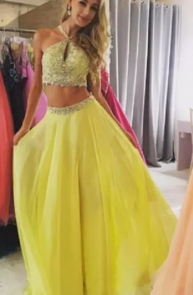 yellow evening dress,two pieces evening dress,detachable evening dress,yellow long evening dress,halter top evening dress,yellow prom dress,halter top prom dress,beaded bodice evening dress,sexy evening dress,