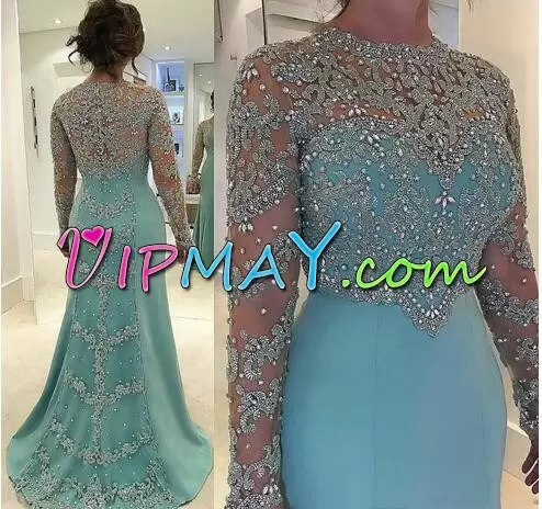 Aqua Blue Dress for Prom Sweep Train Long Sleeves Beading