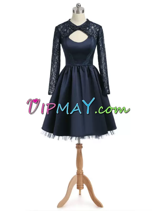 Customized Navy Blue Scoop Neckline Lace Homecoming Dress Long Sleeves Zipper