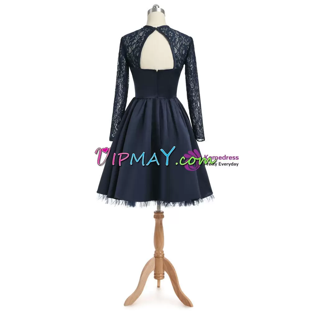 Customized Navy Blue Scoop Neckline Lace Homecoming Dress Long Sleeves Zipper