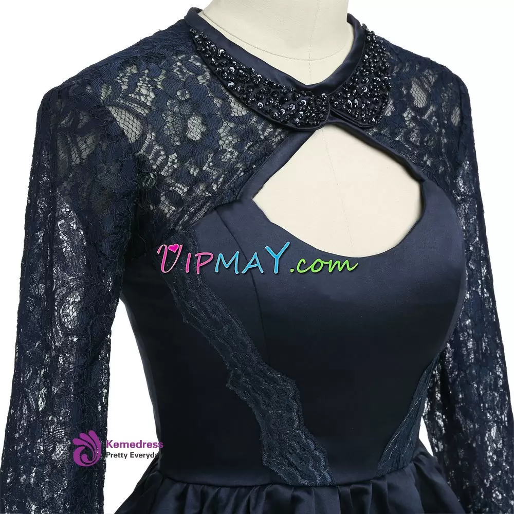 Customized Navy Blue Scoop Neckline Lace Homecoming Dress Long Sleeves Zipper