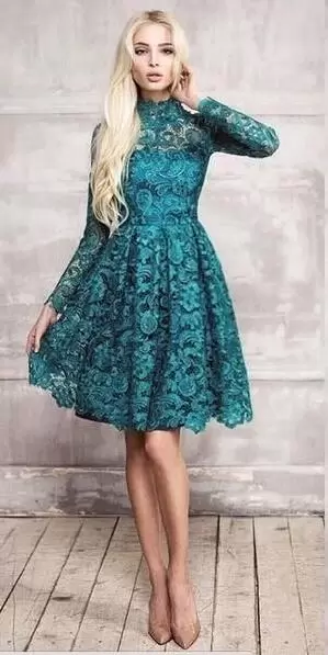 Green Long Sleeves Mini Length Ruching Backless Prom Dresses High-neck