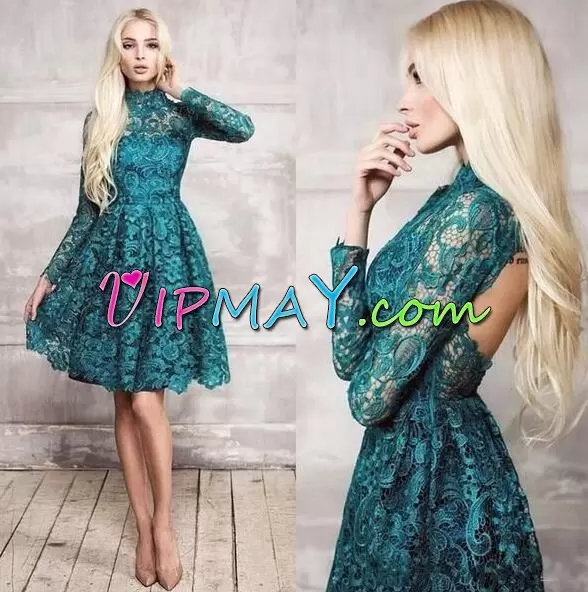 Green Long Sleeves Mini Length Ruching Backless Prom Dresses High-neck