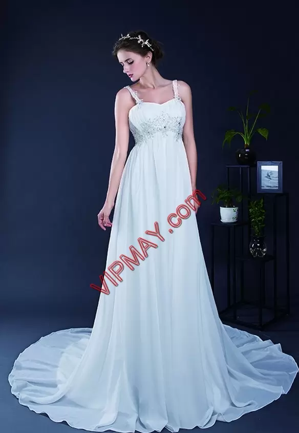 White Lace Up Straps Beading Prom Party Dress Chiffon Sleeveless Brush Train