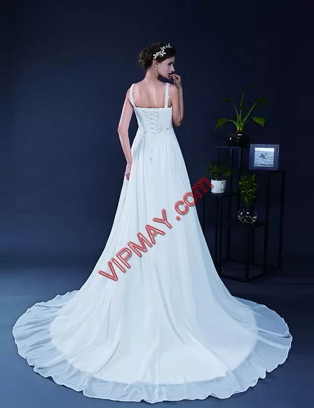 White Lace Up Straps Beading Prom Party Dress Chiffon Sleeveless Brush Train