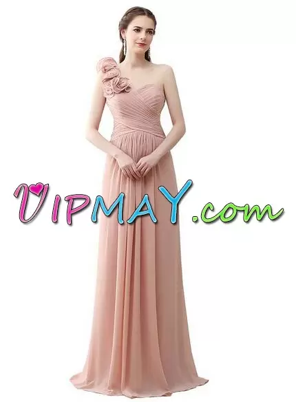 Modern Pink One Shoulder Neckline Ruching Sleeveless