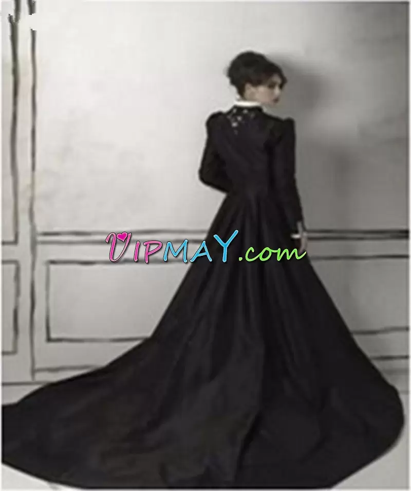 Shining High-neck Long Sleeves Prom Gown Ruching Cathedral Train Lace Up