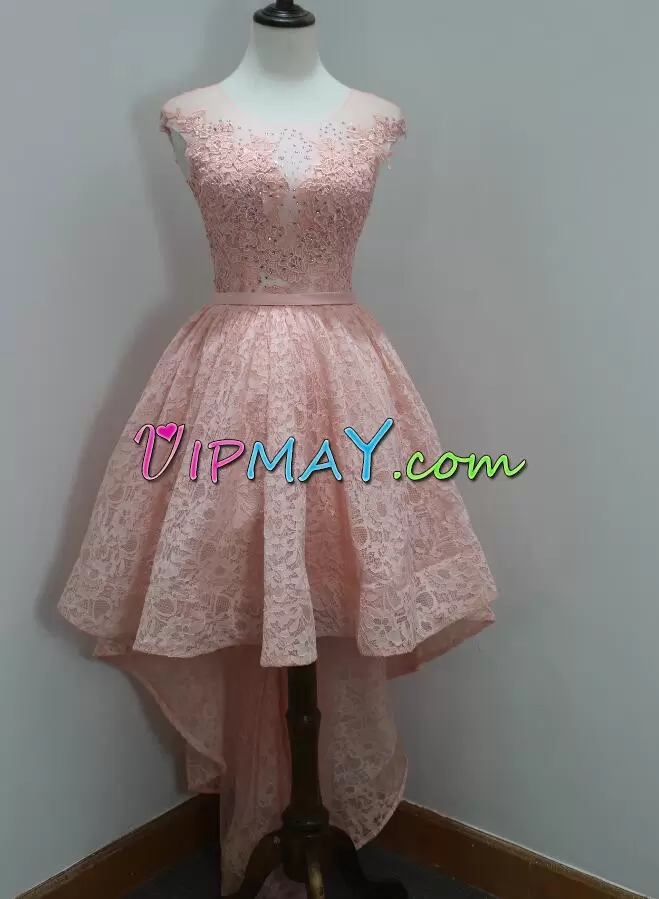 Suitable High Low Pink Lace Sleeveless Beading Prom Dress