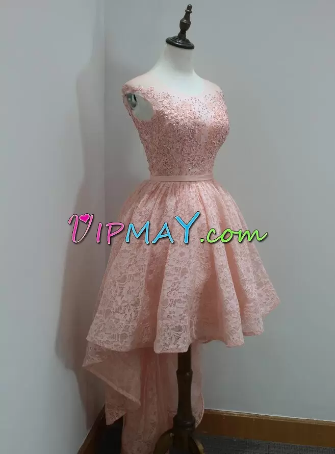 Suitable High Low Pink Lace Sleeveless Beading Prom Dress