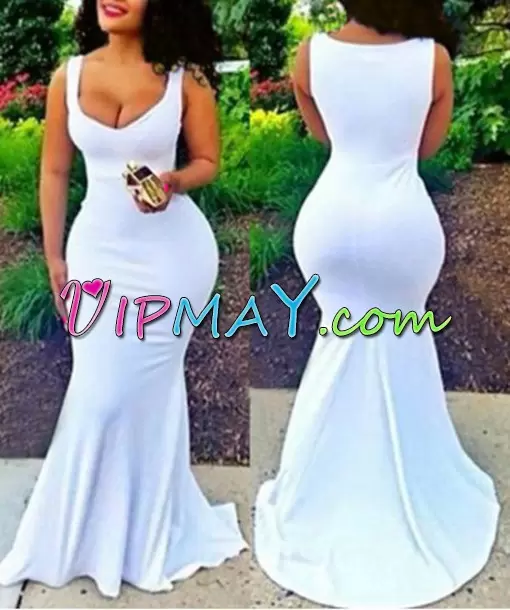 White Lace Up Prom Homecoming Dress Beading and Lace Sleeveless Floor Length Sweep Train