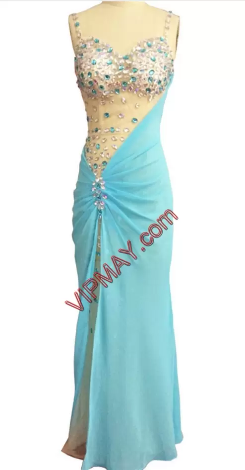 Decent Floor Length Aqua Blue Junior Homecoming Dress Chiffon Sleeveless Beading