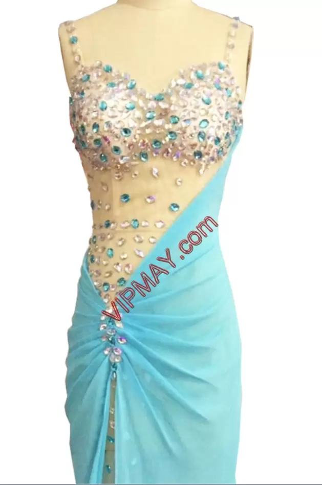 Decent Floor Length Aqua Blue Junior Homecoming Dress Chiffon Sleeveless Beading