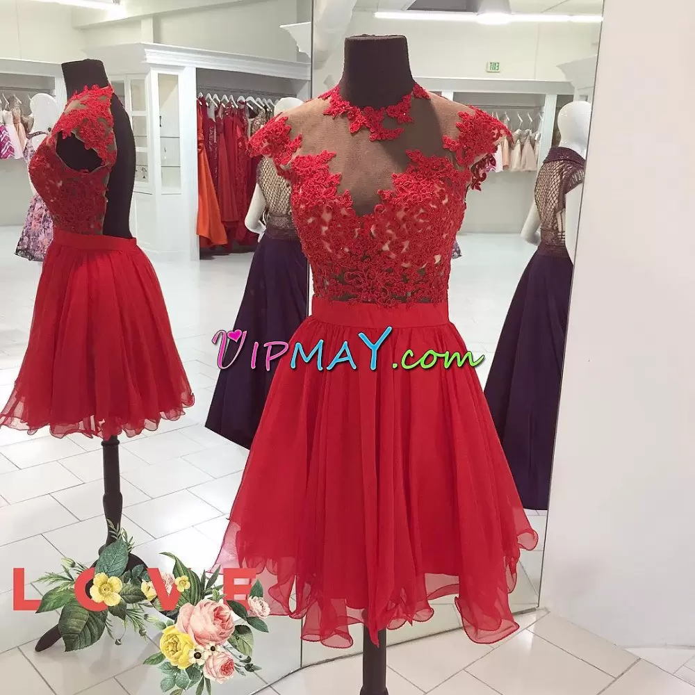 Enchanting Red Empire Lace Prom Evening Gown Backless Chiffon Sleeveless Mini Length