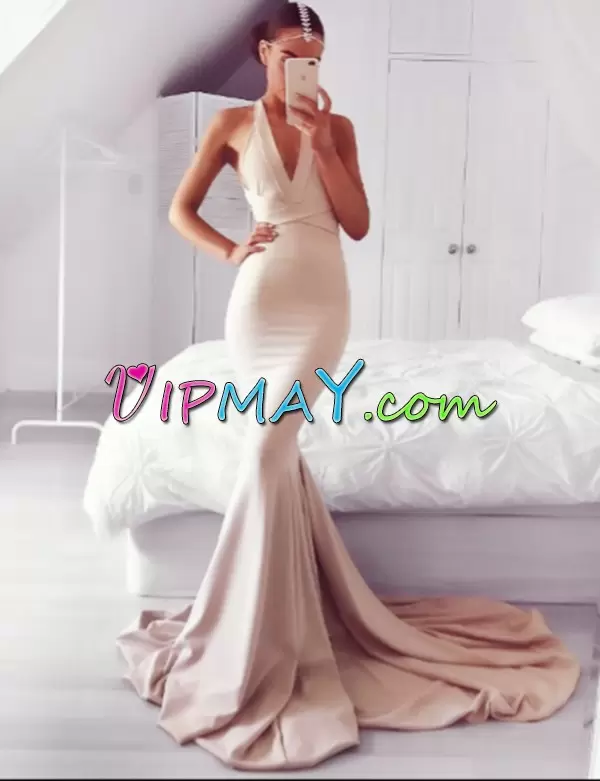 Ideal Pink Backless V-neck Ruching Homecoming Dress Sleeveless Sweep Train