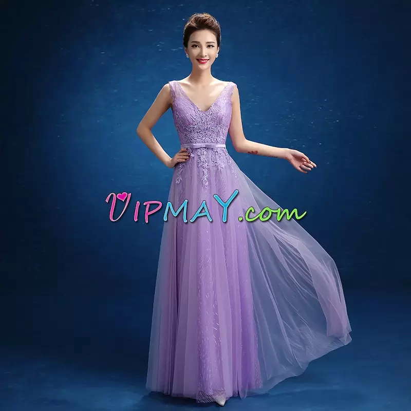 Deluxe V-neck Sleeveless Backless Evening Dress Lilac Tulle Appliques and Belt