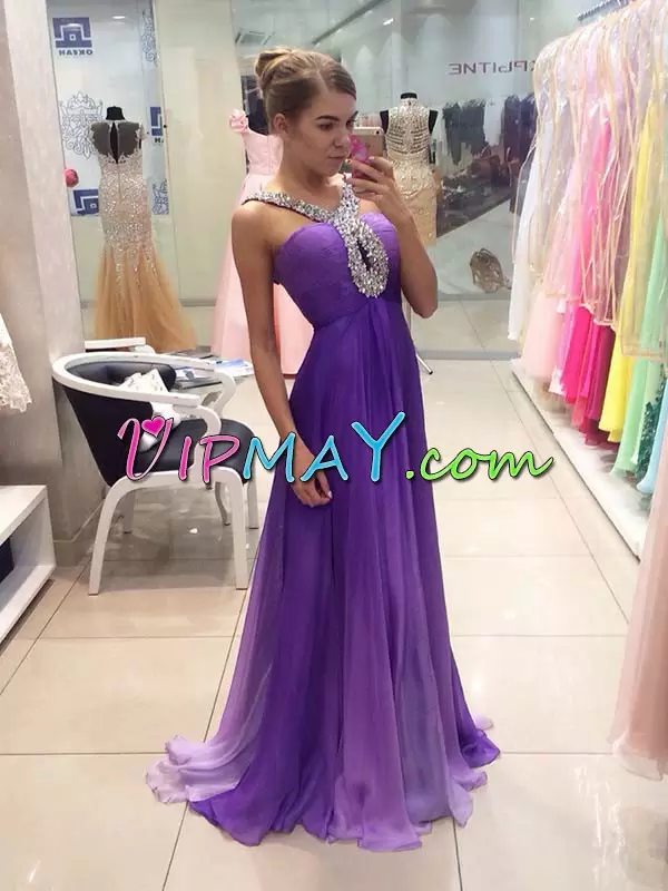 Classical Beading Prom Dresses Multi-color Zipper Sleeveless Sweep Train