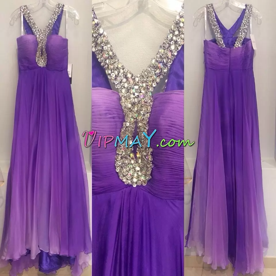 Classical Beading Prom Dresses Multi-color Zipper Sleeveless Sweep Train