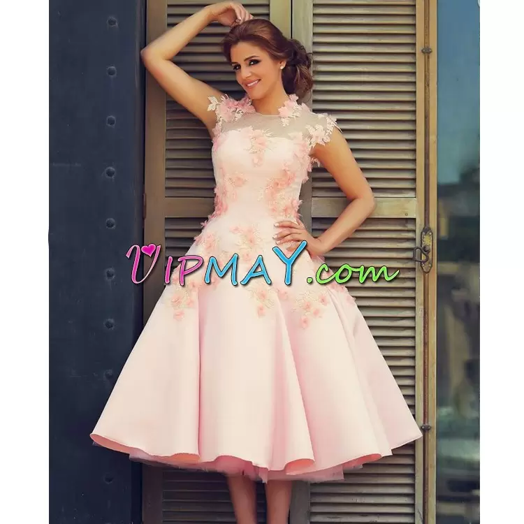 Pink A-line Scoop Sleeveless Satin Tea Length Lace Up Appliques Homecoming Party Dress