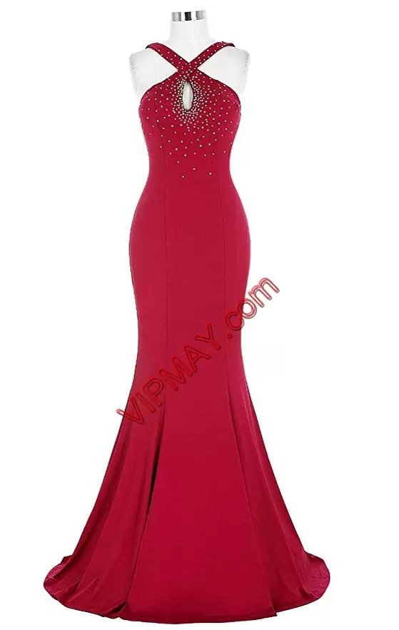 Halter Top Sleeveless Evening Dress Floor Length Beading Red Chiffon