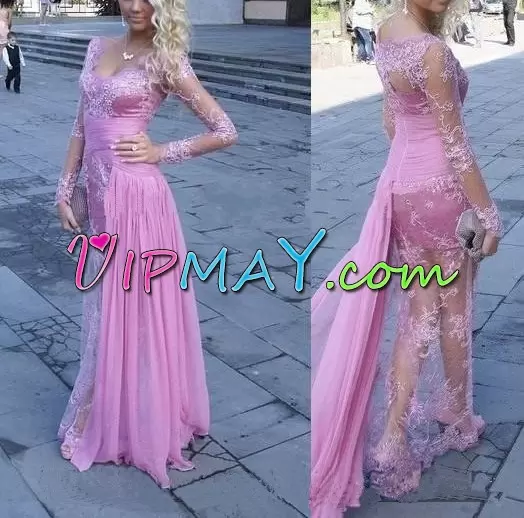 Modern Floor Length Column Sheath Long Sleeves Pink Prom Homecoming Dress Zipper