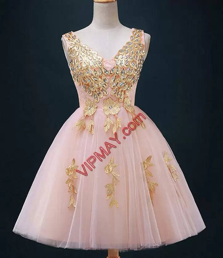 Decent A-line Homecoming Dress Pink V-neck Tulle Sleeveless Mini Length Lace Up