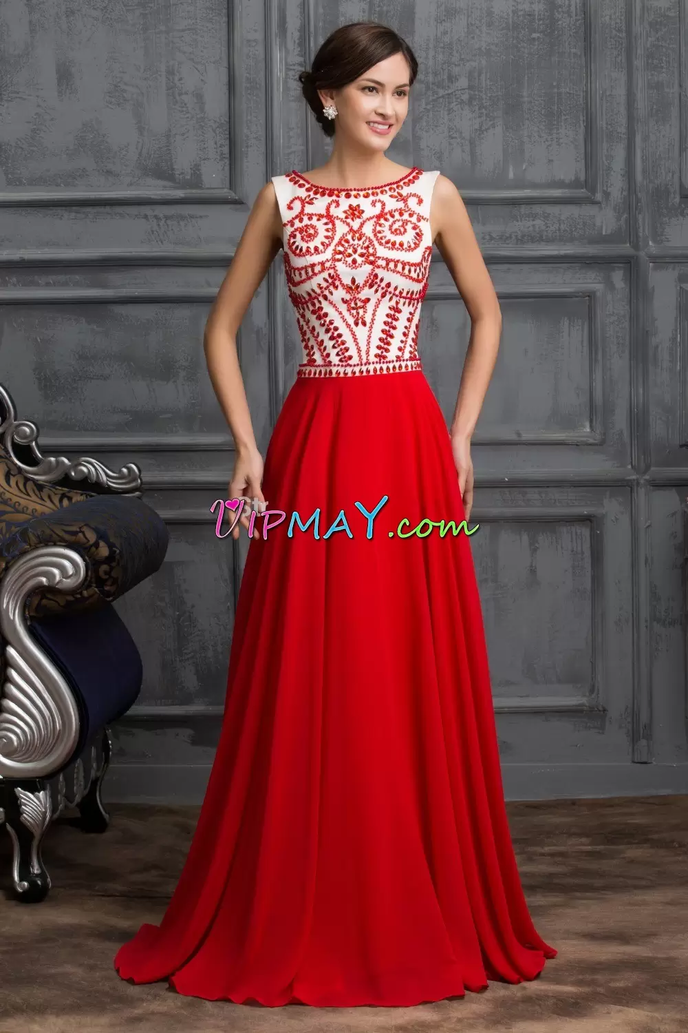 Glamorous Red A-line Scoop Sleeveless Chiffon Floor Length Side Zipper Beading Homecoming Dress