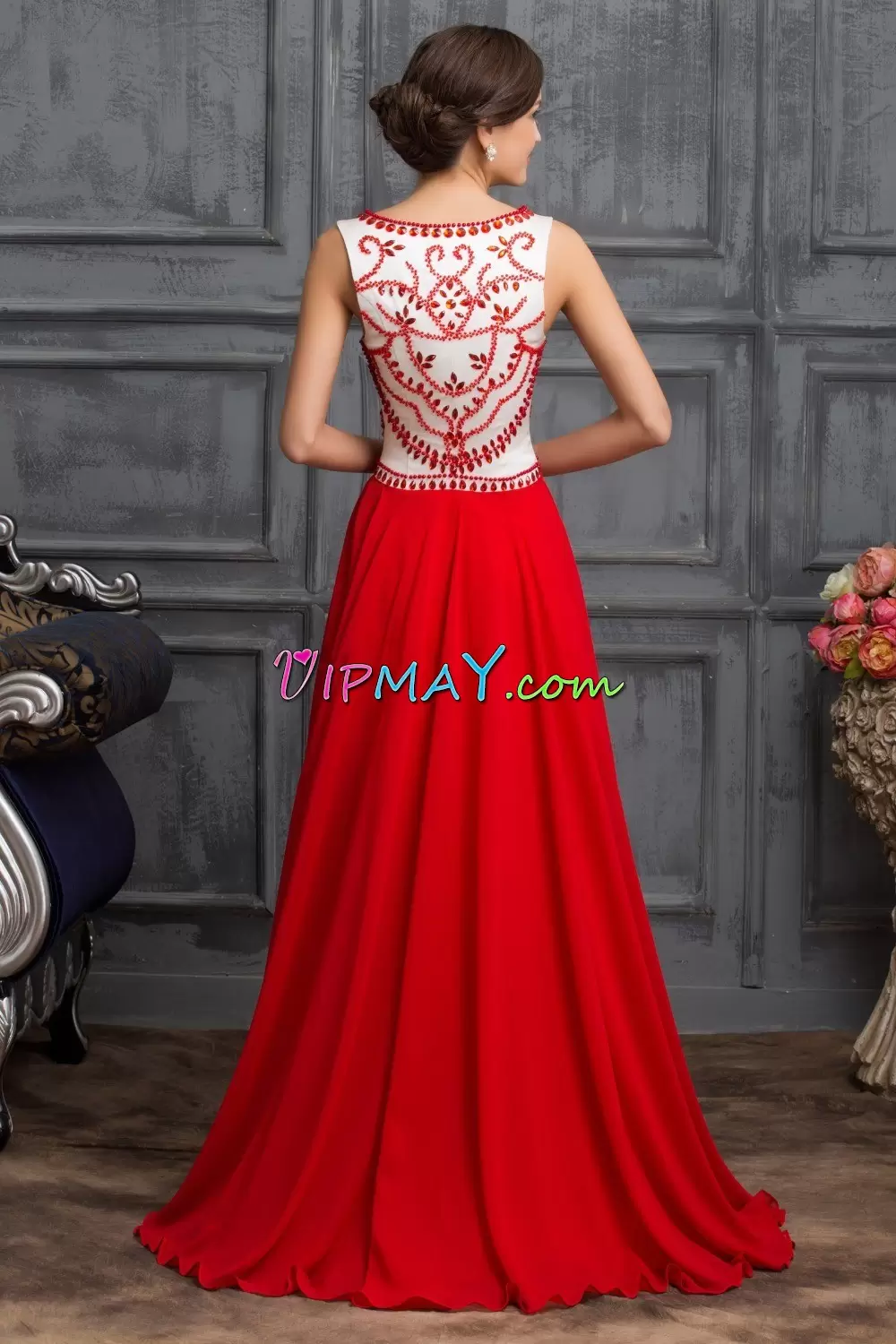 Glamorous Red A-line Scoop Sleeveless Chiffon Floor Length Side Zipper Beading Homecoming Dress