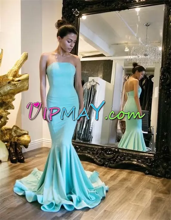 Sweep Train Mermaid Dress for Prom Blue Strapless Satin Sleeveless Floor Length Lace Up