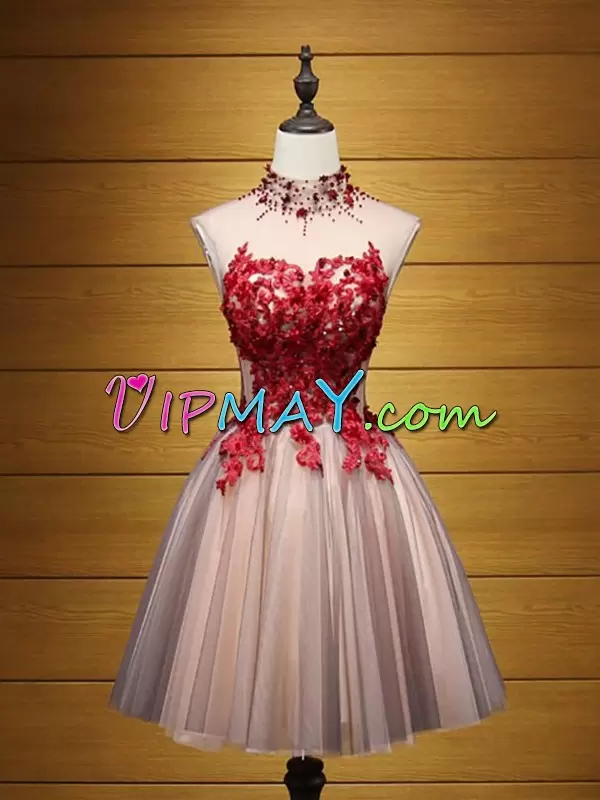 High End Mini Length Pink Dress for Prom Halter Top Sleeveless Lace Up