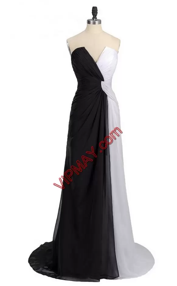 High End Sleeveless V-neck Sweep Train Zipper Ruching Dress for Prom V-neck