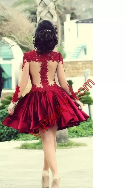 Spectacular Long Sleeves Mini Length Lace Zipper Evening Dress with Red