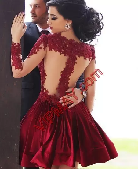 Spectacular Long Sleeves Mini Length Lace Zipper Evening Dress with Red