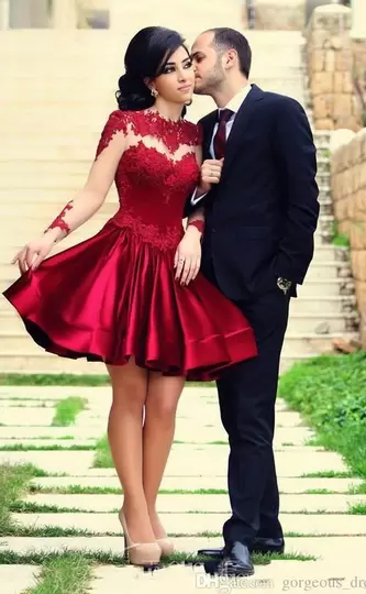 Spectacular Long Sleeves Mini Length Lace Zipper Evening Dress with Red