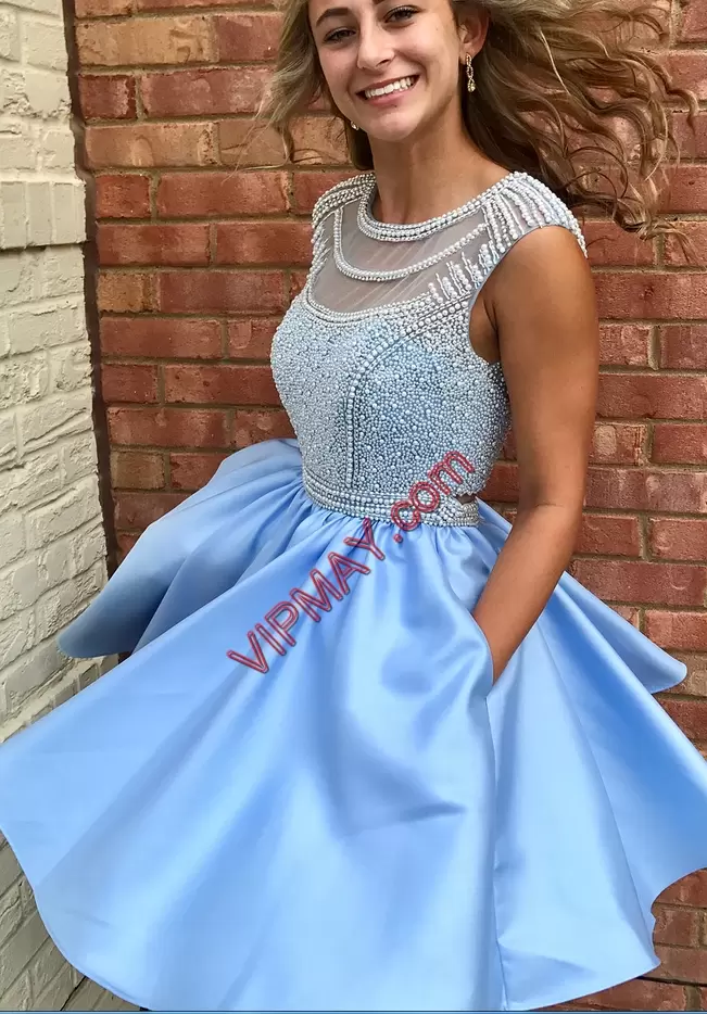 New Arrival Baby Blue Prom and Party and Military Ball with Beading Scoop Cap Sleeves Backless